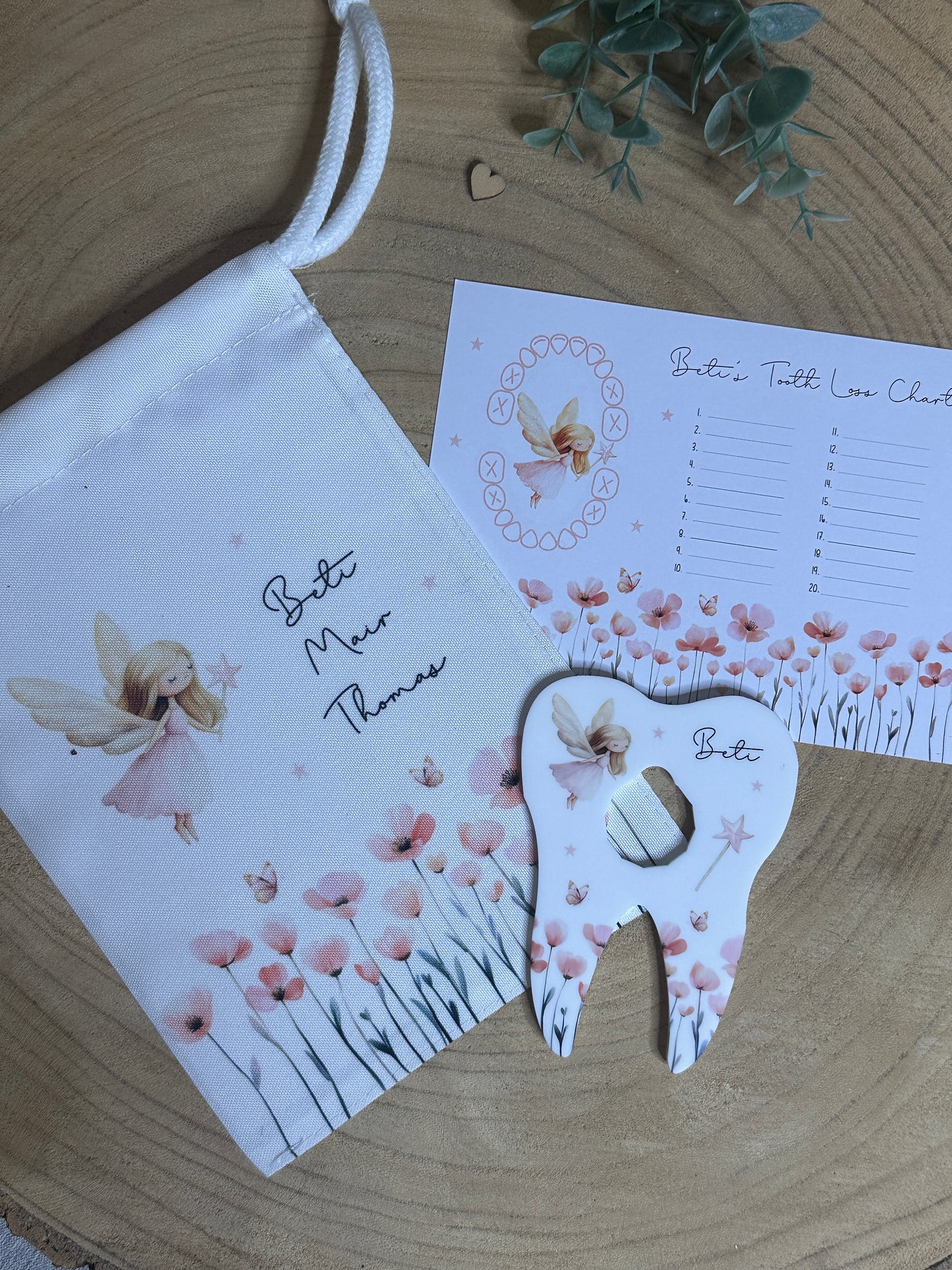 Personalised Tooth Fairy Bag, Chart & Coin Holder Set, Custom Tooth Loss Keepsake, Tooth Fairy Gift Set with Pouch