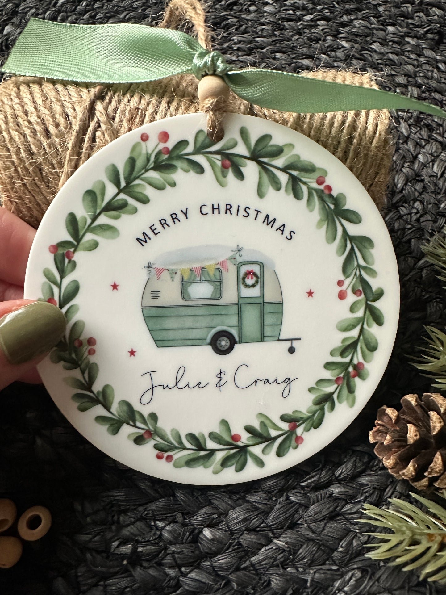Personalised Caravan Christmas Decoration; Custom Ornament with Wreath