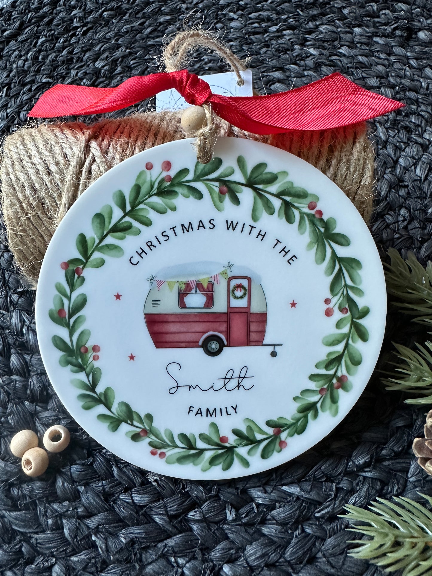 Personalised Caravan Christmas Decoration; Custom Ornament with Wreath