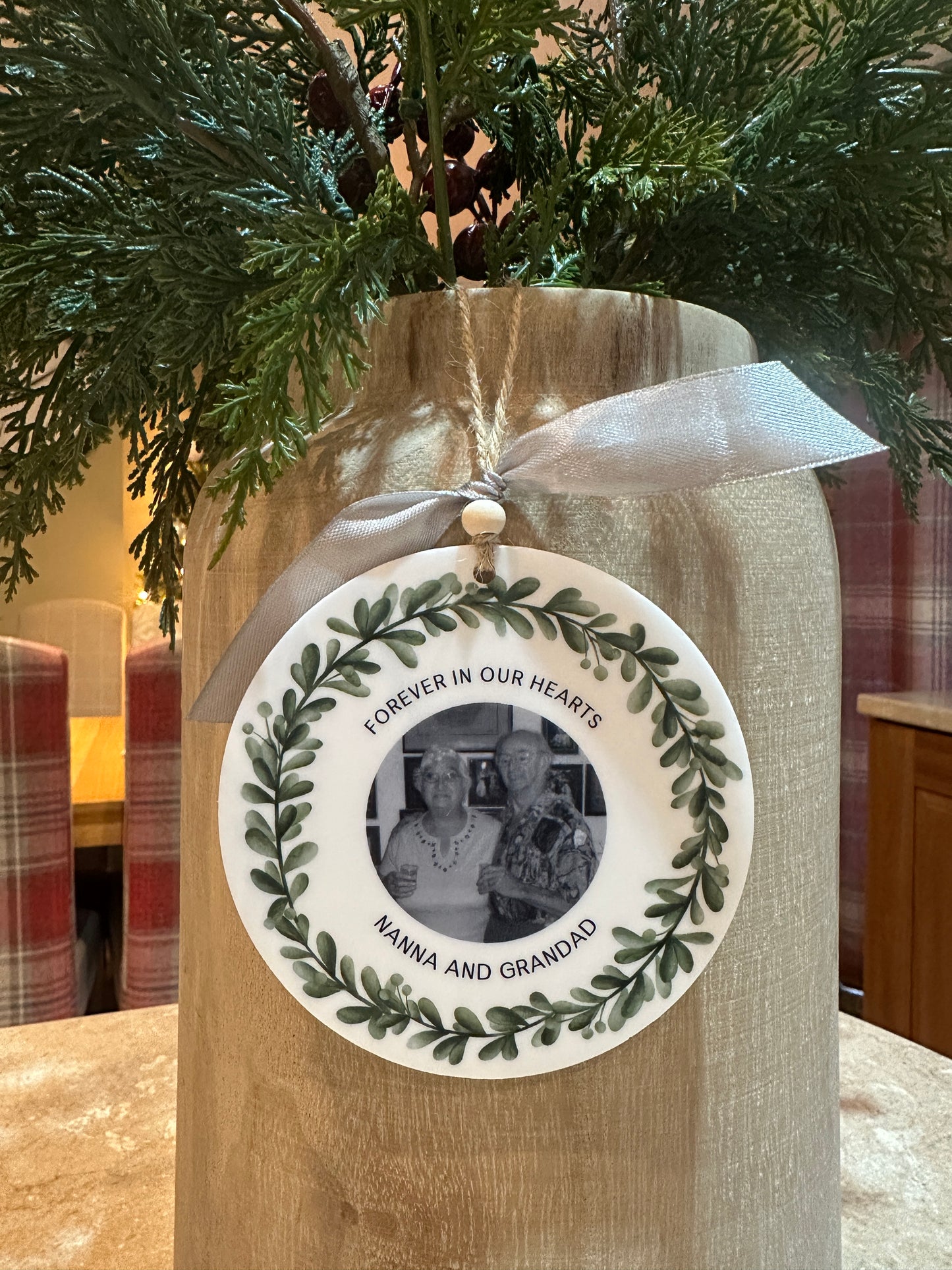 In Loving Memory Keepsake Ornament, Personalised Remembrance Photo Wreath Keepsake