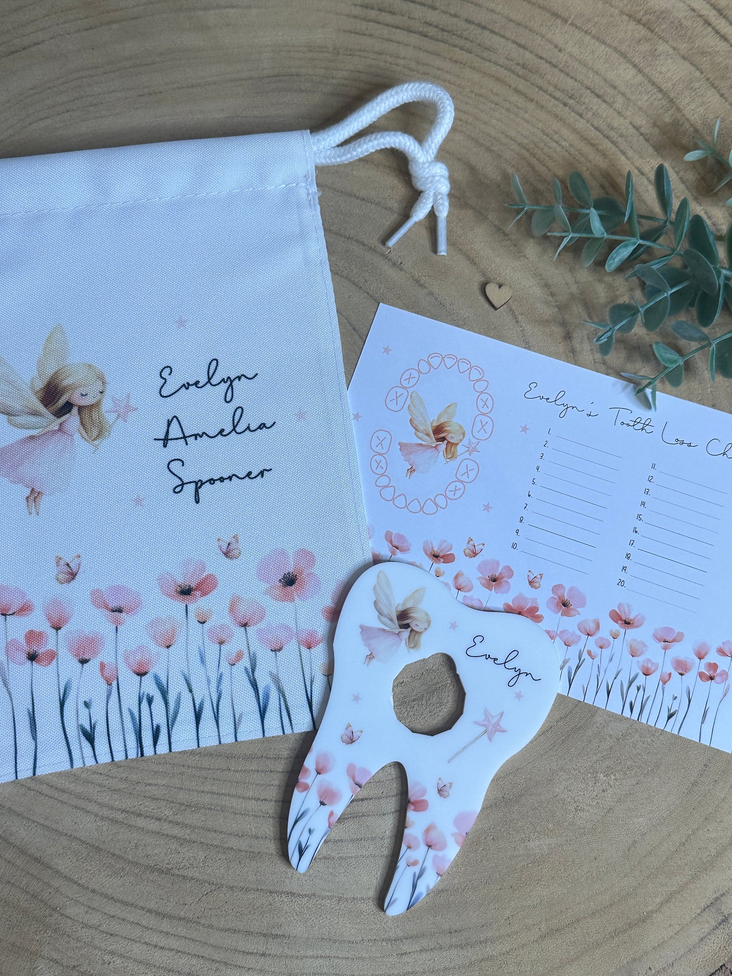 Personalised Tooth Fairy Bag, Chart & Coin Holder Set, Custom Tooth Loss Keepsake, Tooth Fairy Gift Set with Pouch