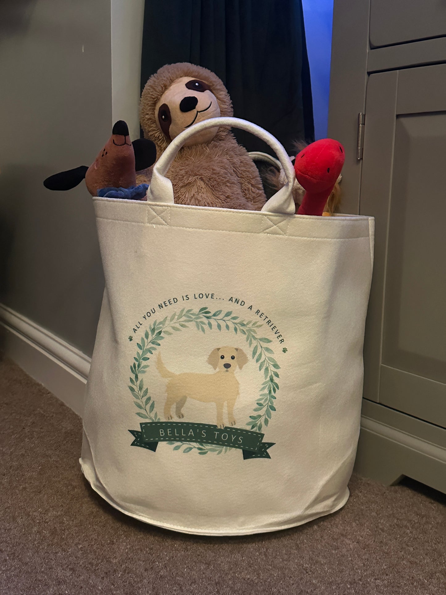 Personalised Dog Toy Storage Basket - Custom Breed, Felt Toy Box, Puppy Gift