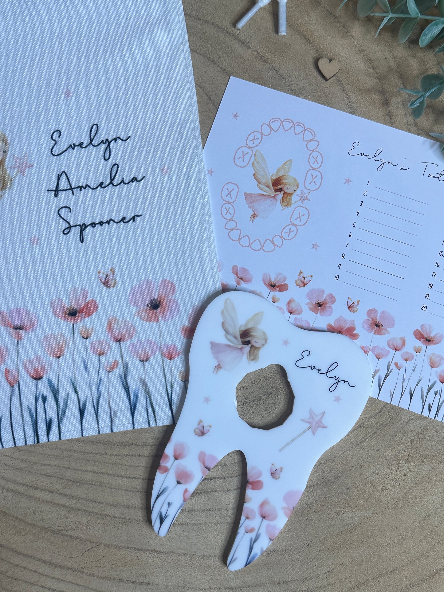 Personalised Tooth Fairy Bag, Chart & Coin Holder Set, Custom Tooth Loss Keepsake, Tooth Fairy Gift Set with Pouch