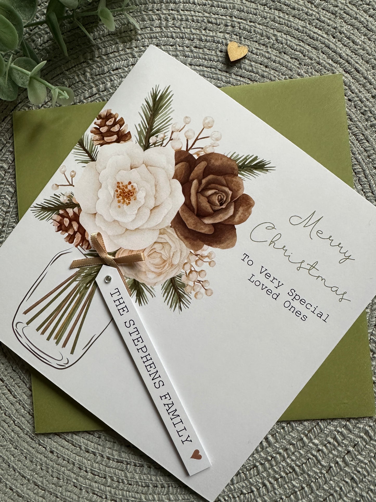 Personalised Christmas Card Pack of 5 – Floral & Pinecone Designs - Cream & Cocoa Collection