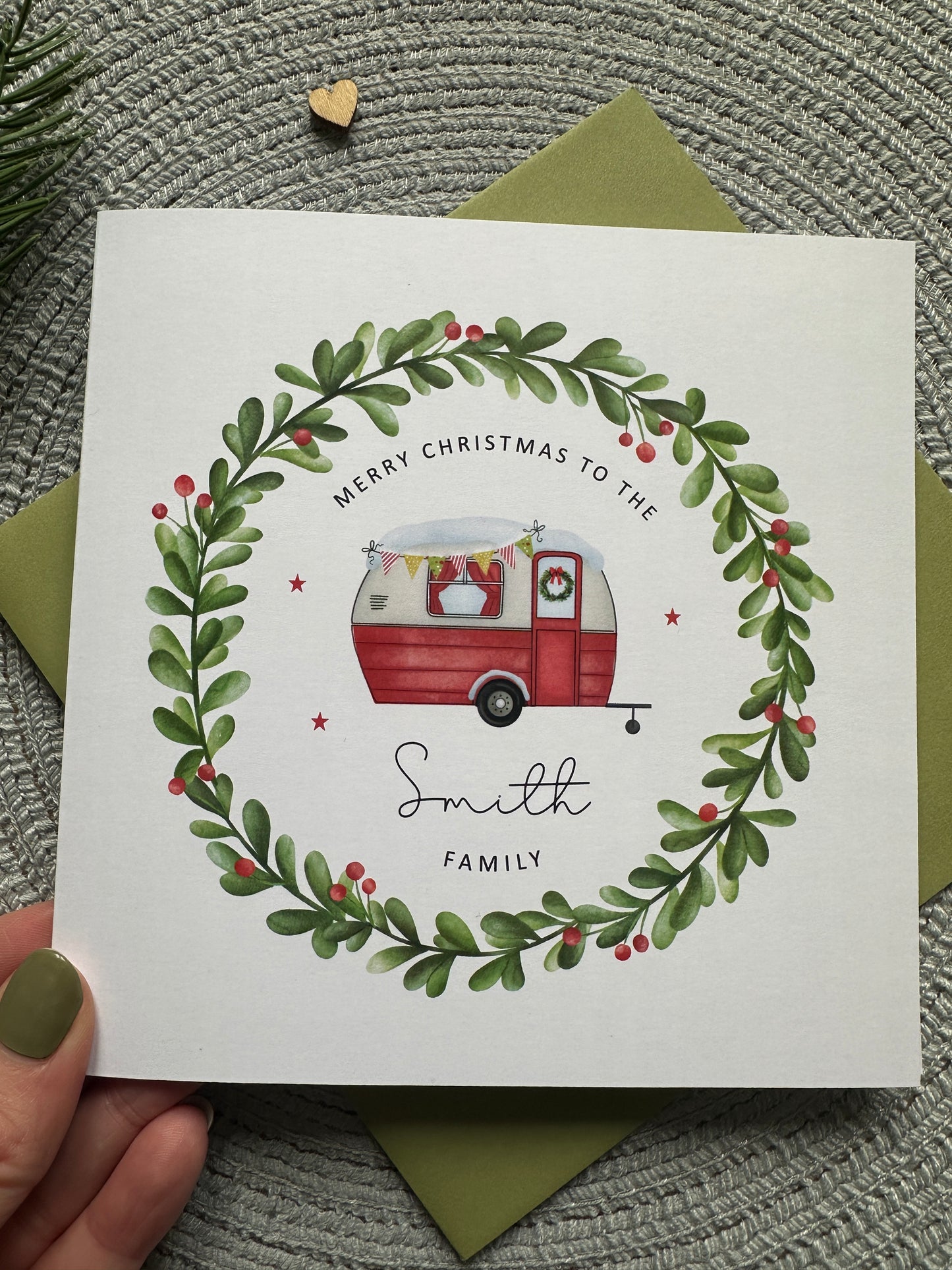 Personalised Caravan Christmas Decoration; Custom Ornament with Wreath