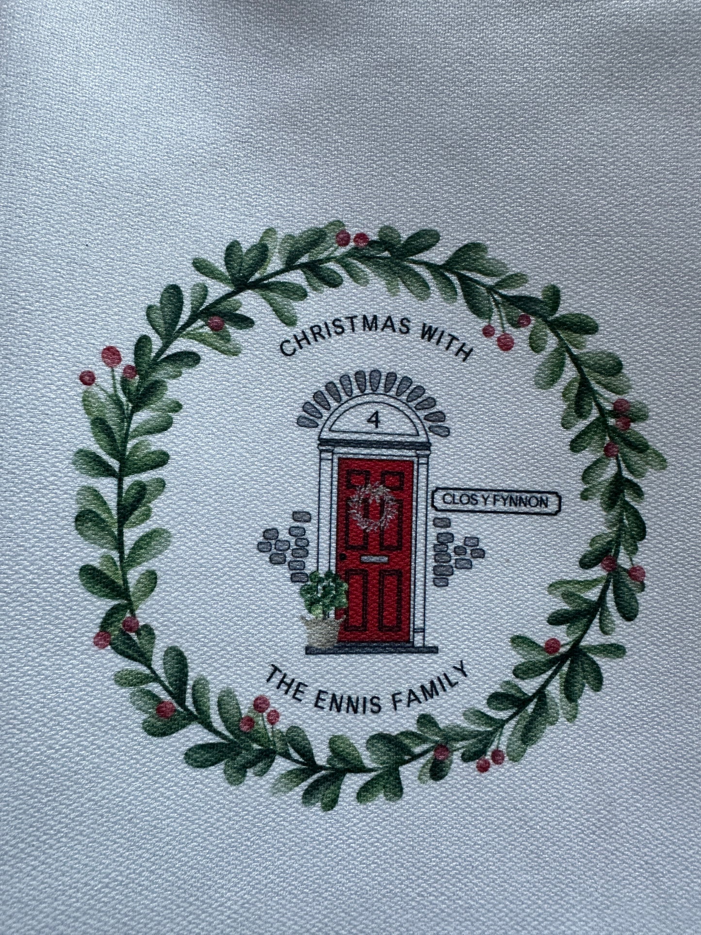 Personalised Christmas Tea Towel; Christmas Front Door with address details