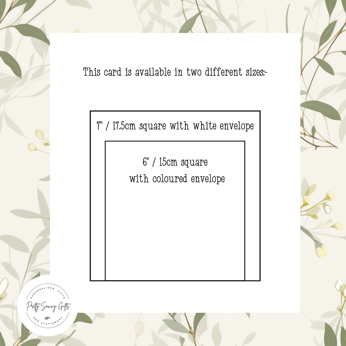 Card with text about card sizes and envelopes on a floral background