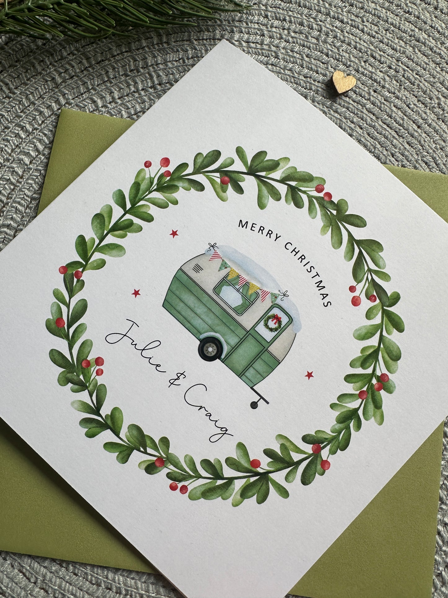Personalised Caravan Christmas Decoration; Custom Ornament with Wreath