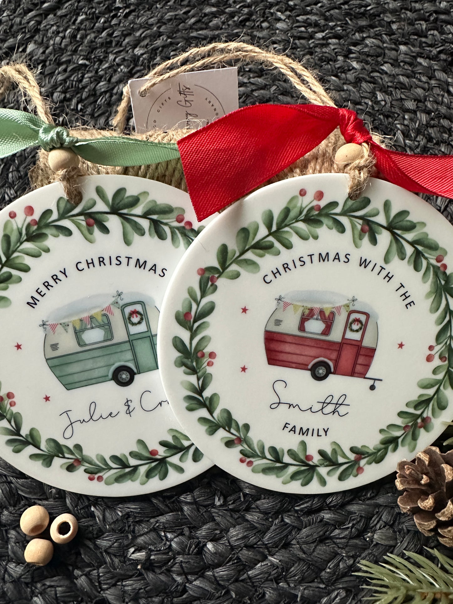 Personalised Caravan Christmas Decoration; Custom Ornament with Wreath
