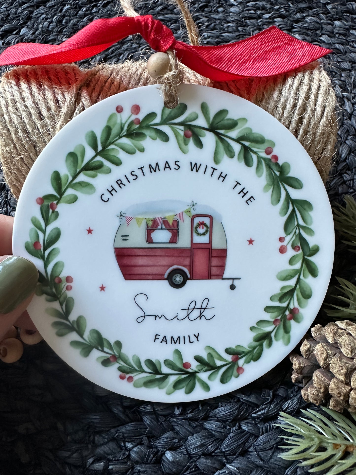 Personalised Caravan Christmas Decoration; Custom Ornament with Wreath