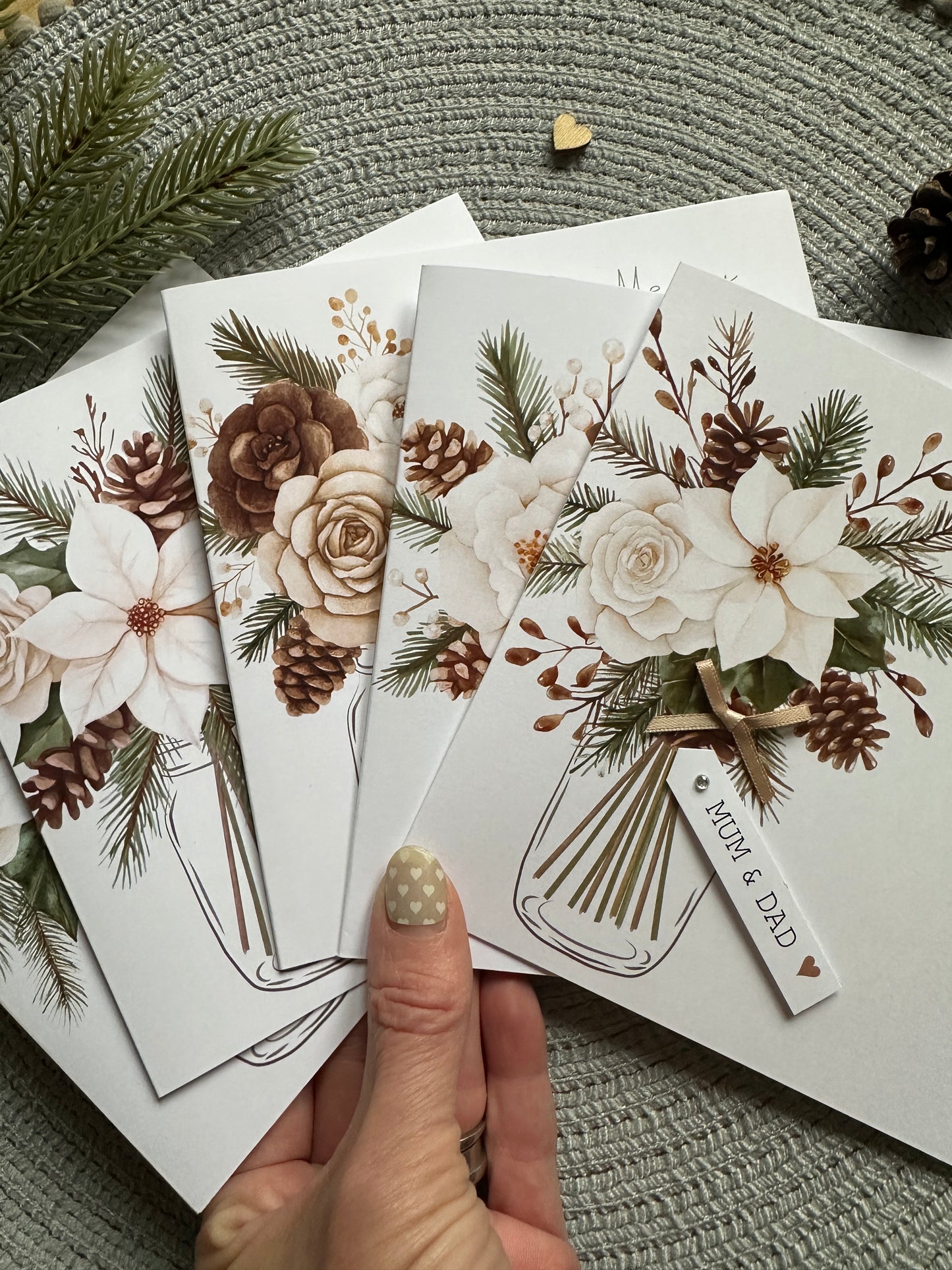 Personalised Christmas Card Pack of 5 – Floral & Pinecone Designs - Cream & Cocoa Collection