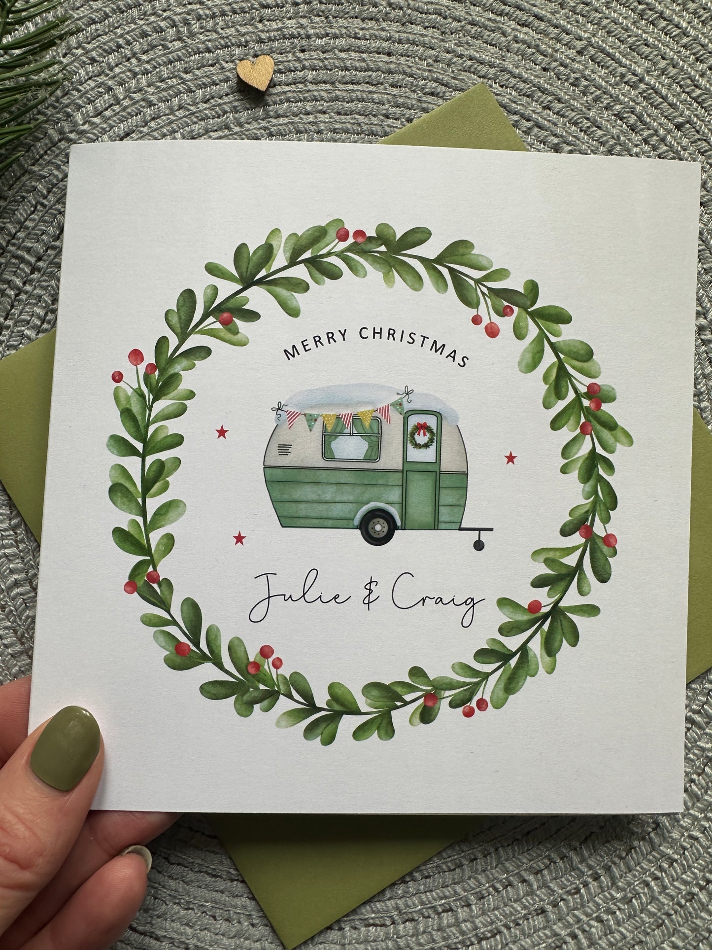 Personalised Caravan Christmas Decoration; Custom Ornament with Wreath