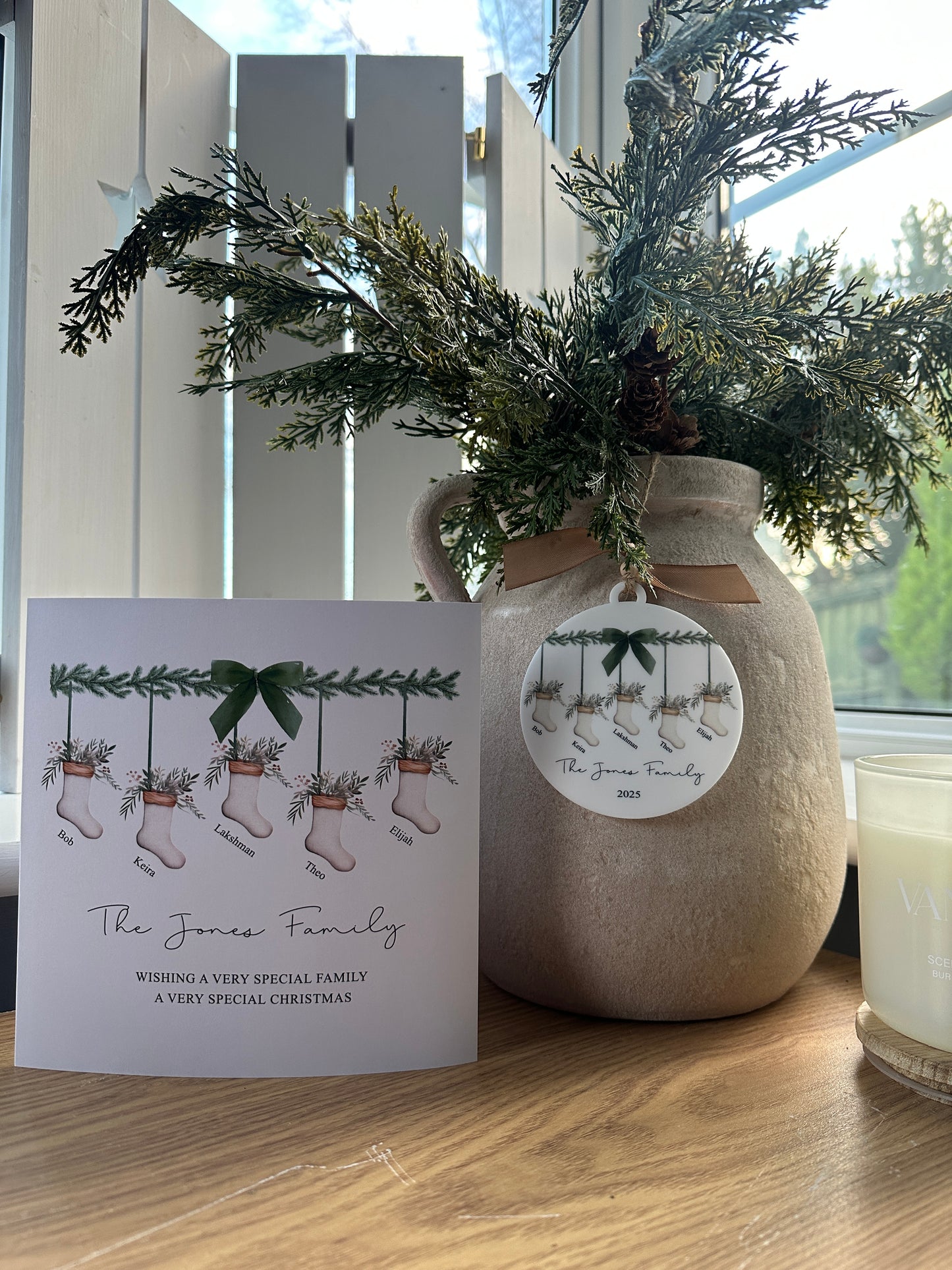 Personalised Family Christmas Tree Decoration - Stocking Design, Matching Card available