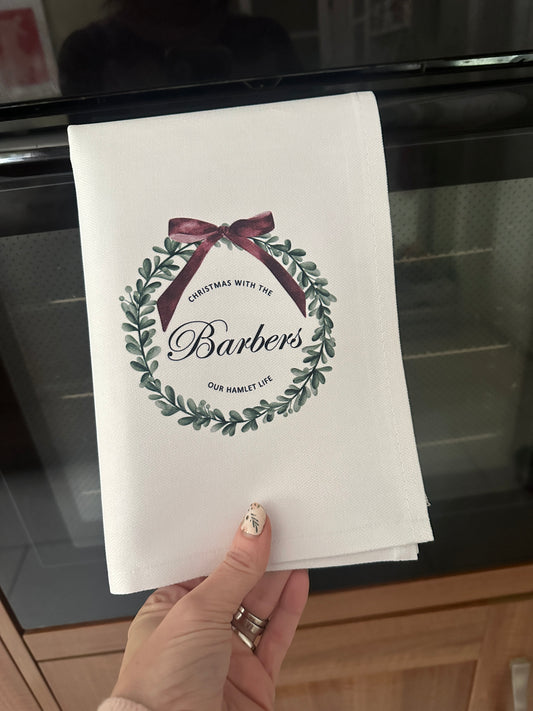 Personalised Christmas Red Bow Tea Towel; Christmas with the Family