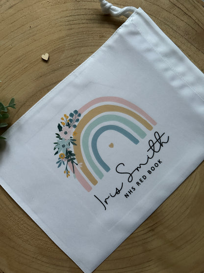 Personalised Red Book Bag, 4 rainbow designs, First Years Health Record Holder