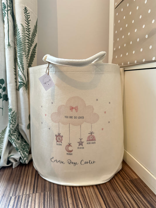 Personalised Toy Storage Basket with Cloud and Baby's Birth Details