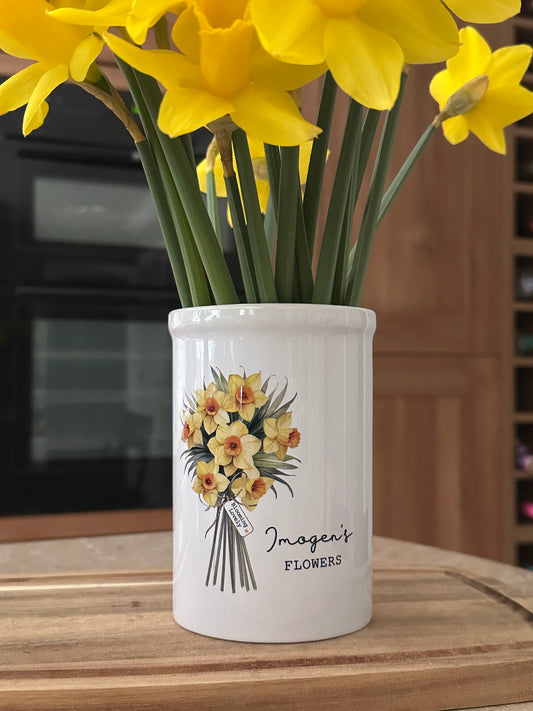 Personalised Mothers Day Vase with Daffodil Design and Optional Card