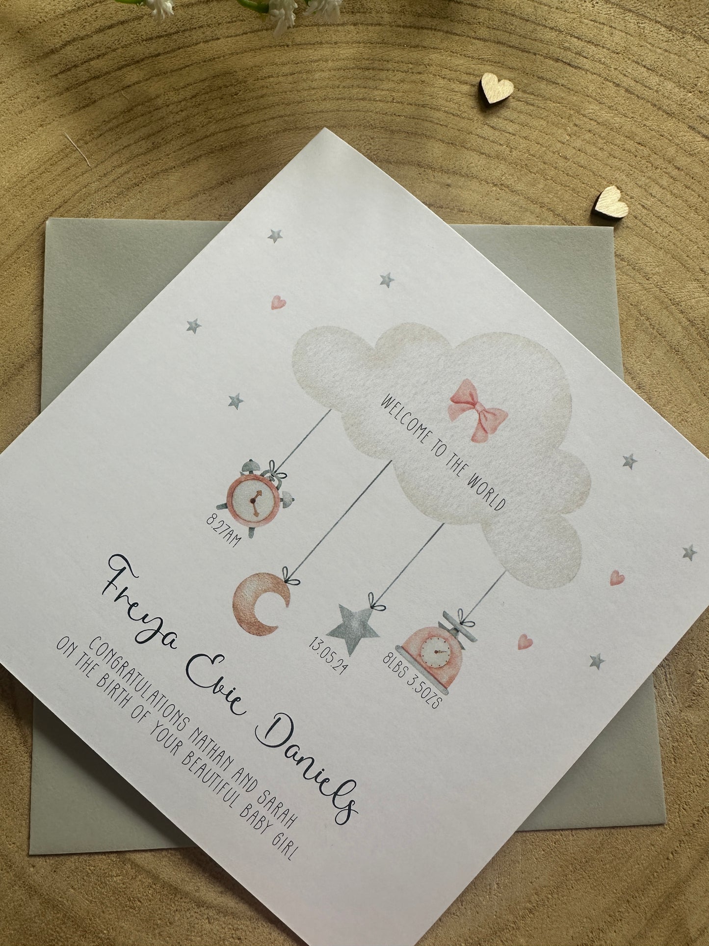 Personalised Handmade New Baby Girl Congratulations Card English or Welsh Llongyfarchiadau Welcome to the World Croeso i'r Byd