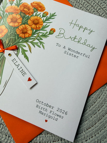 Personalised October Birthday Flower Card - Marigold