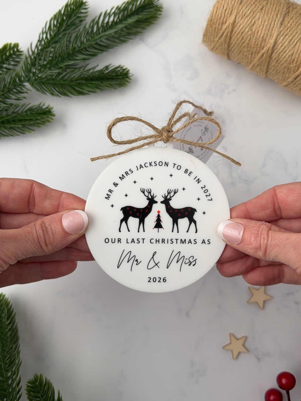 A personalised Mr and Mrs To be in 2027 Christmas decoration. Our Last Christmas as Mr & Miss 2026.