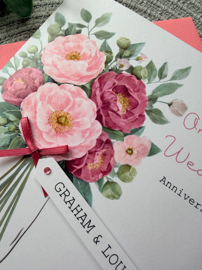 Personalised Handmade Anniversary Card – Pink Floral Bouquet with Custom Name Tag