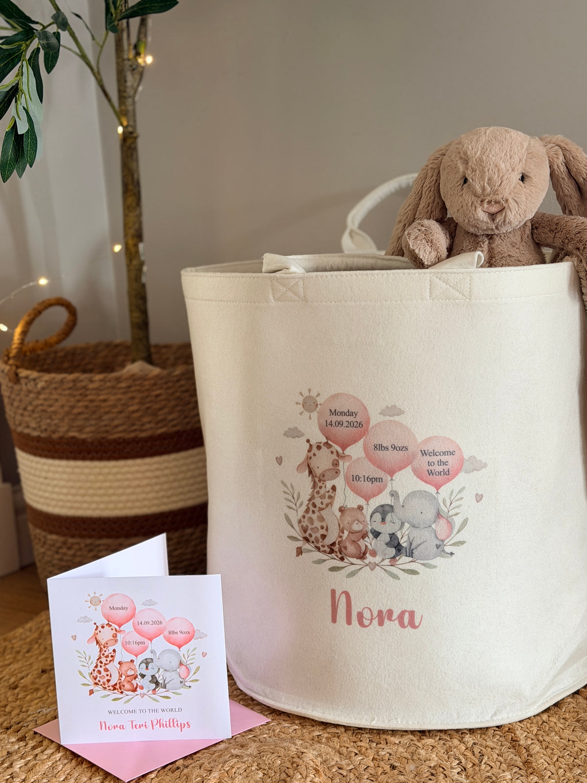 Personalised New Baby Gift Basket with Baby Details & Safari Animals