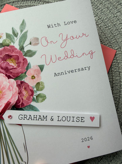 Personalised Handmade Anniversary Card – Pink Floral Bouquet with Custom Name Tag