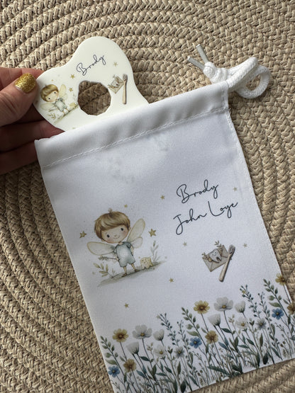 Personalised Tooth Boys Fairy Bag, Chart & Coin Holder Set, Custom Tooth Loss Keepsake, Tooth Fairy Gift Set with Pouch