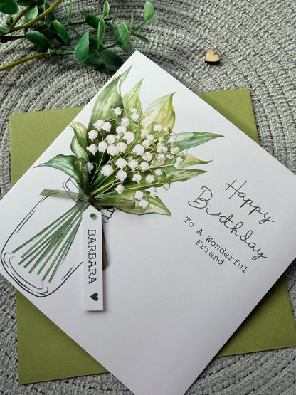 Personalised Birthday Card - Lily of the Valley Flowers - Mum, Friend, Auntie, Wife, Daughter, Sister