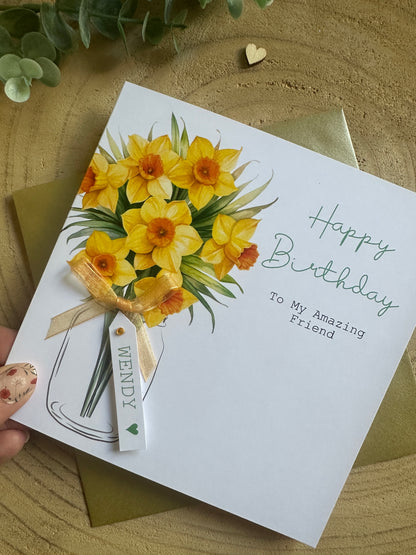 Personalised Birthday Card - Daffodils - Mum, Friend, Auntie, Wife, Daughter