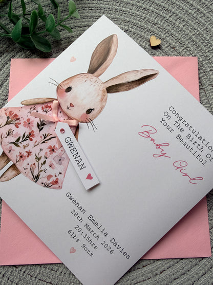 Personalised New Baby Girl Card, Floral Bunny Handmade Card with Custom Name Tag