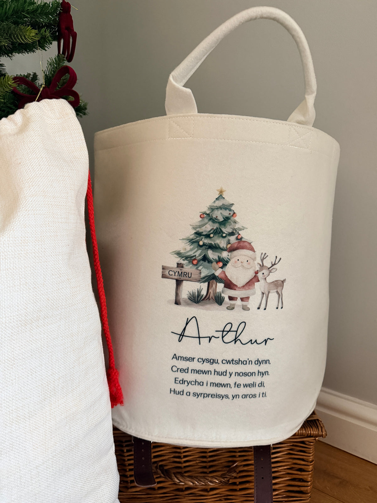 Personalised Christmas Sack or Basket with Child’s Name – Santa & Reindeer