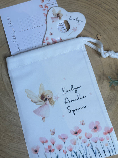 Personalised Tooth Fairy Bag, Chart & Coin Holder Set, Custom Tooth Loss Keepsake, Tooth Fairy Gift Set with Pouch