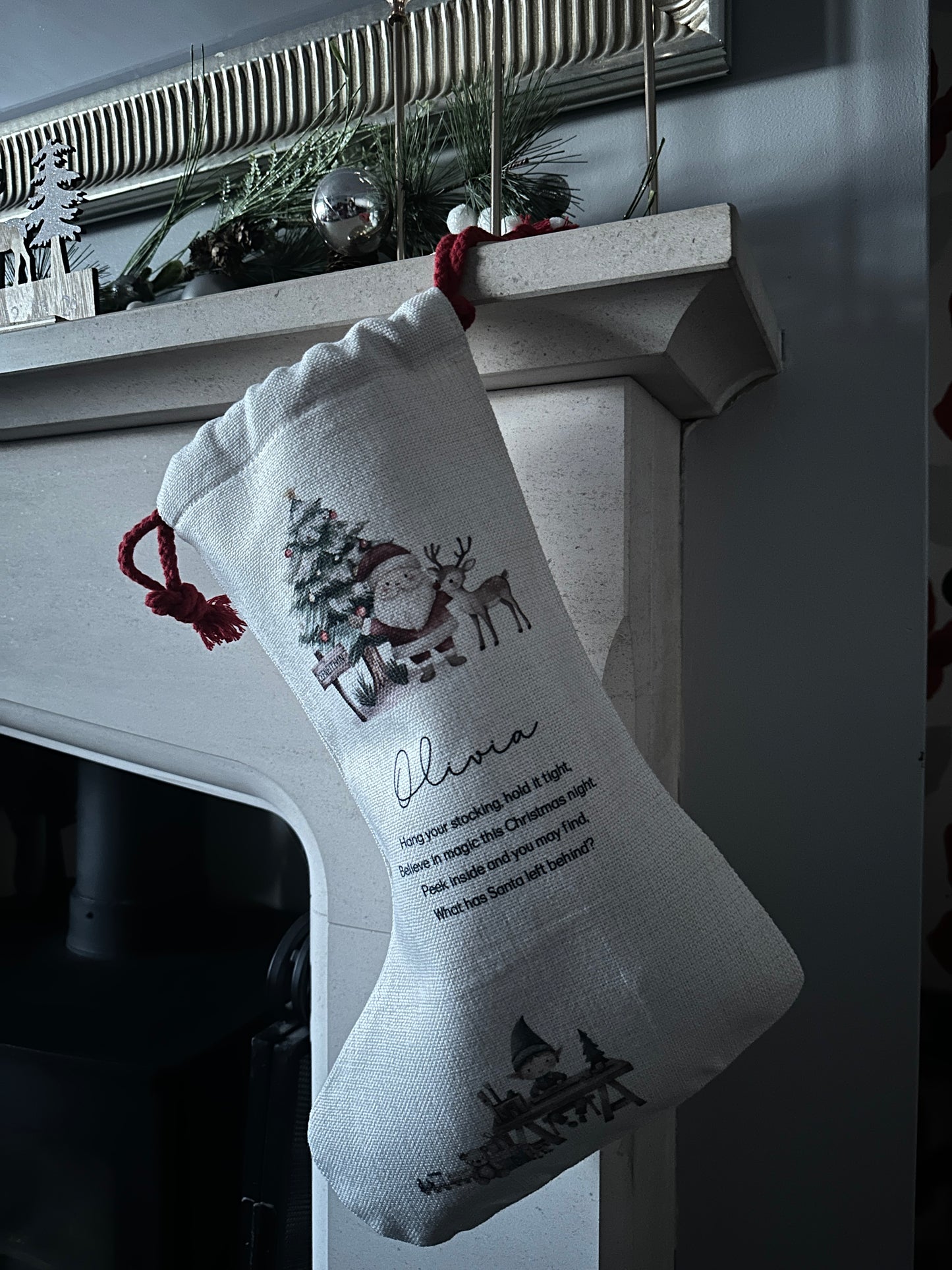 Personalised Christmas Stocking Santa and Reindeer with poem and place name