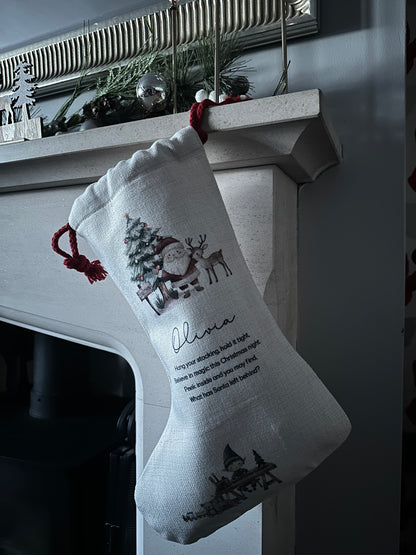 Personalised Christmas Stocking Santa and Reindeer with poem and place name
