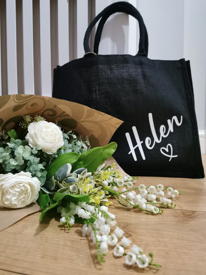 Large Grey Shopping Tote Bag - Black Jute Shopping Bag - Personalised Name - Bespoke Shopping - Gift for Her