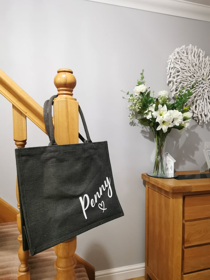 Large Grey Shopping Tote Bag - Black Jute Shopping Bag - Personalised Name - Bespoke Shopping - Gift for Her