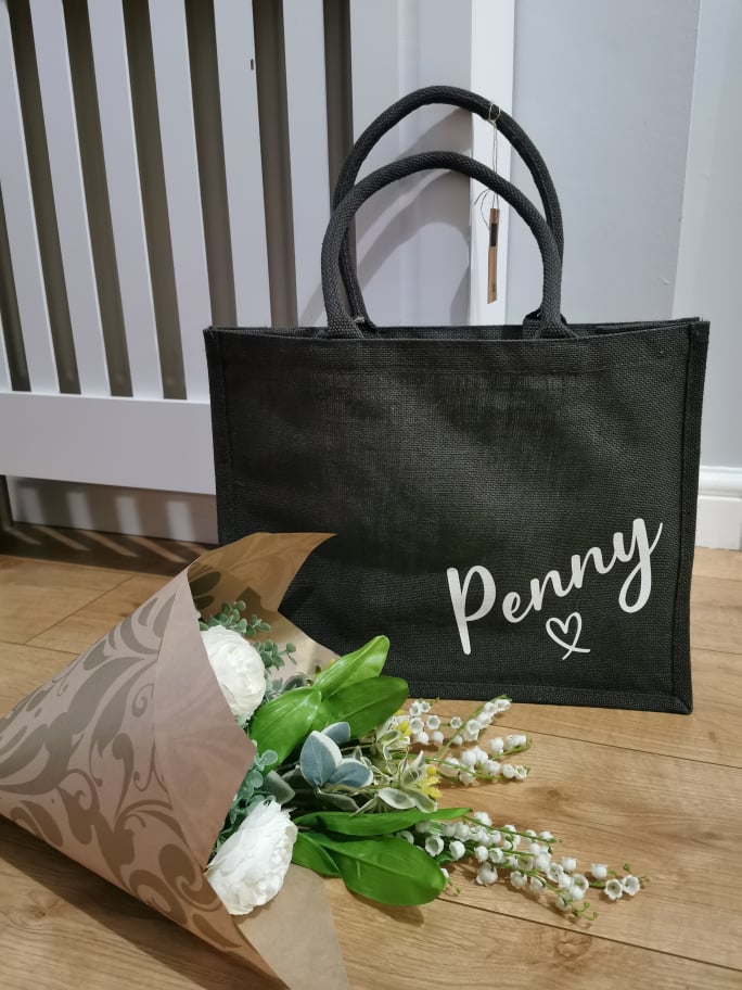 Large Grey Shopping Tote Bag - Black Jute Shopping Bag - Personalised Name - Bespoke Shopping - Gift for Her