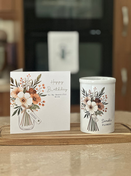 Personalised Flower Vase with Neutral Bouquet