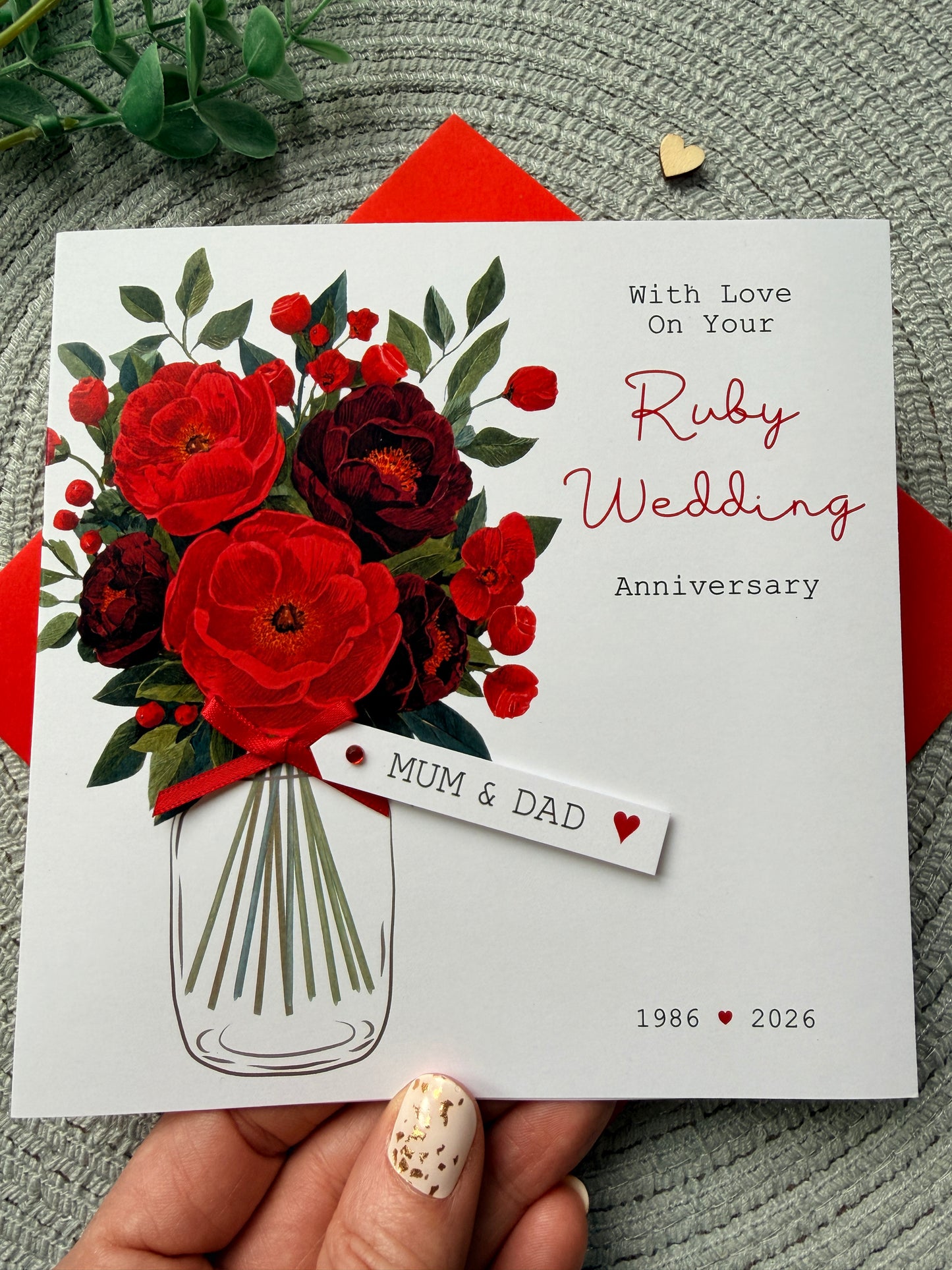 Personalised Anniversary Card, Handmade Ruby Floral Wedding Anniversary For Mum Dad Grandparents Friends, Any Years