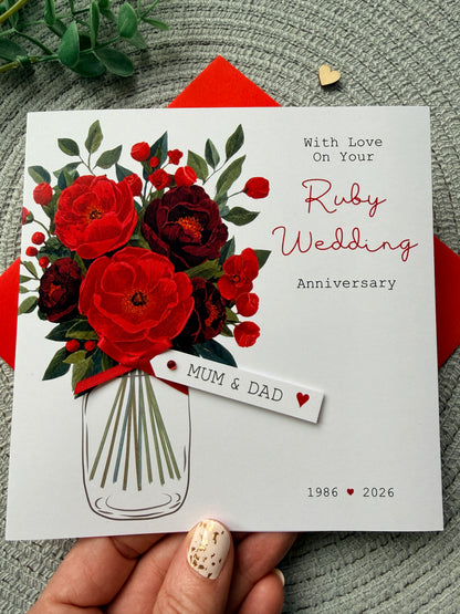 Personalised Anniversary Card, Handmade Ruby Floral Wedding Anniversary For Mum Dad Grandparents Friends, Any Years