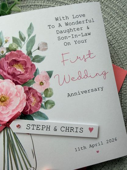 Personalised Handmade Anniversary Card – Pink Floral Bouquet with Custom Name Tag