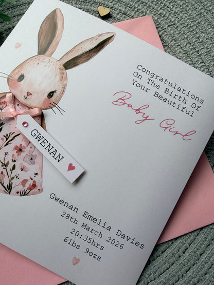 Personalised New Baby Girl Card, Floral Bunny Handmade Card with Custom Name Tag