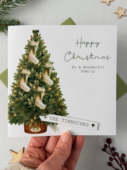 Personalised Family Christmas Card, Stocking Card for Special Family, 2–6 Stockings & Custom Raised Tag