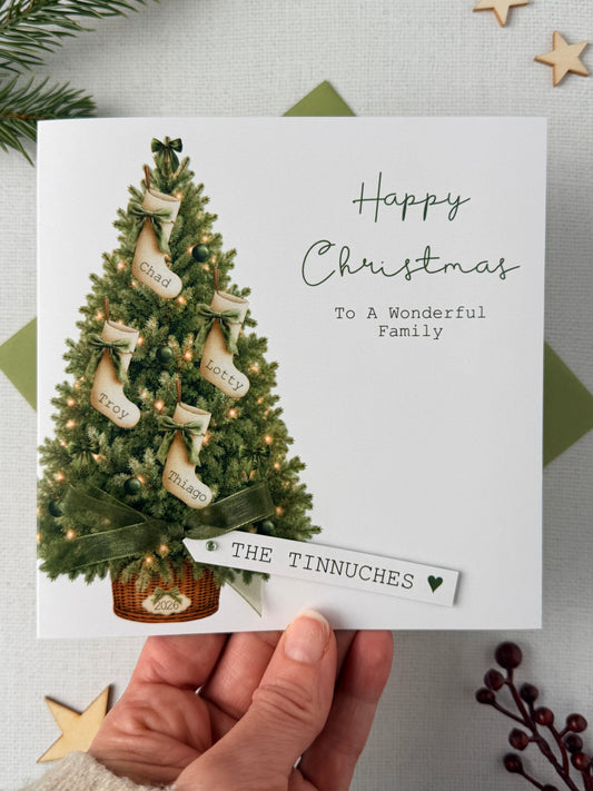 Personalised Family Christmas Card, Stocking Card for Special Family, 2–6 Stockings & Custom Raised Tag