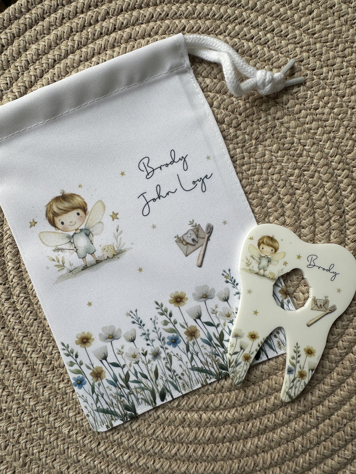 Personalised Tooth Boys Fairy Bag, Chart & Coin Holder Set, Custom Tooth Loss Keepsake, Tooth Fairy Gift Set with Pouch