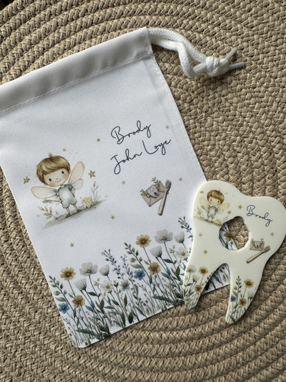 Personalised Tooth Boys Fairy Bag, Chart & Coin Holder Set, Custom Tooth Loss Keepsake, Tooth Fairy Gift Set with Pouch