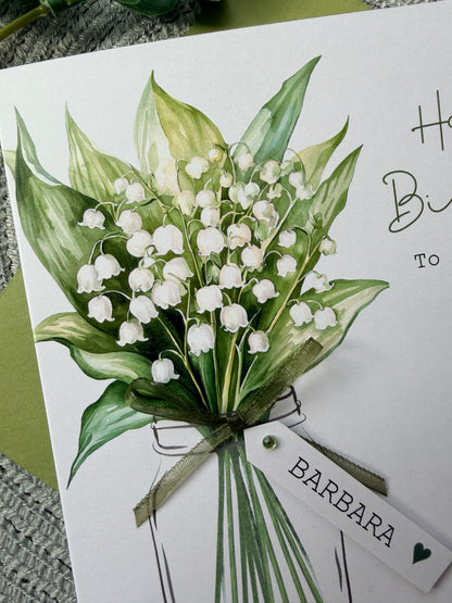 Personalised Birthday Card - Lily of the Valley Flowers - Mum, Friend, Auntie, Wife, Daughter, Sister