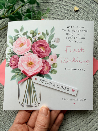 Personalised Handmade Anniversary Card – Pink Floral Bouquet with Custom Name Tag