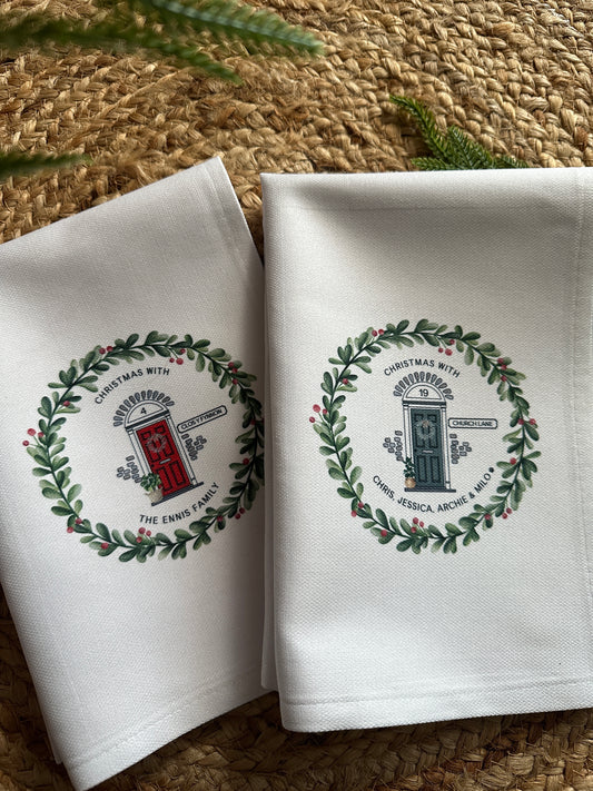 Personalised Christmas Tea Towel; Christmas Front Door with address details